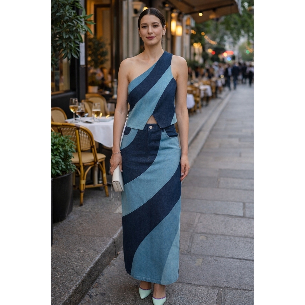 FORE Colorblock Denim Two-Piece Set One-Shoulder Top & Maxi Skirt Size S